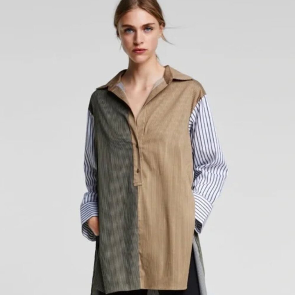 Zara Green and Tan Oversized Button Down Shirt with Notched Collar